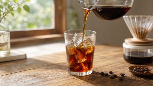 氷の入ったグラスにアイスコーヒーを注ぐ、夏らしいおうちコーヒーのイメージ