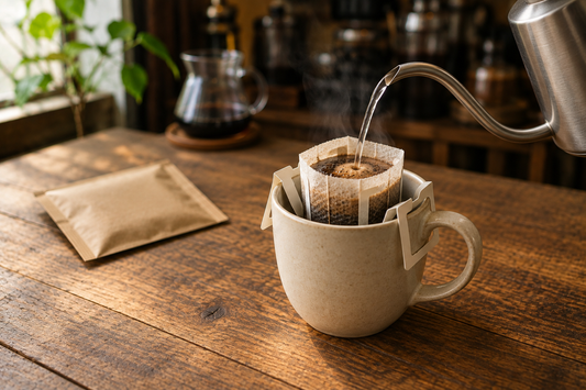 木のテーブルでカップにセットしたドリップバッグへ細くお湯を注ぎ、一杯を淹れている様子