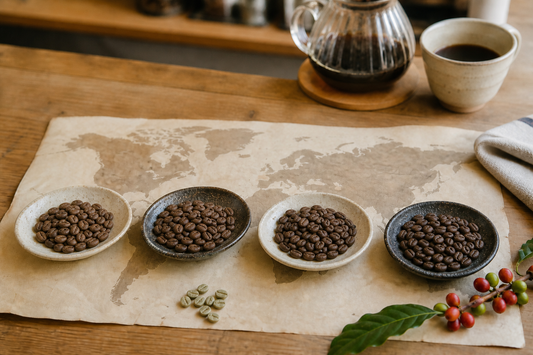 世界地図の上に複数の産地をイメージしたコーヒー豆を並べ、産地による味の違いを表現した自家焙煎コーヒーのイメージ