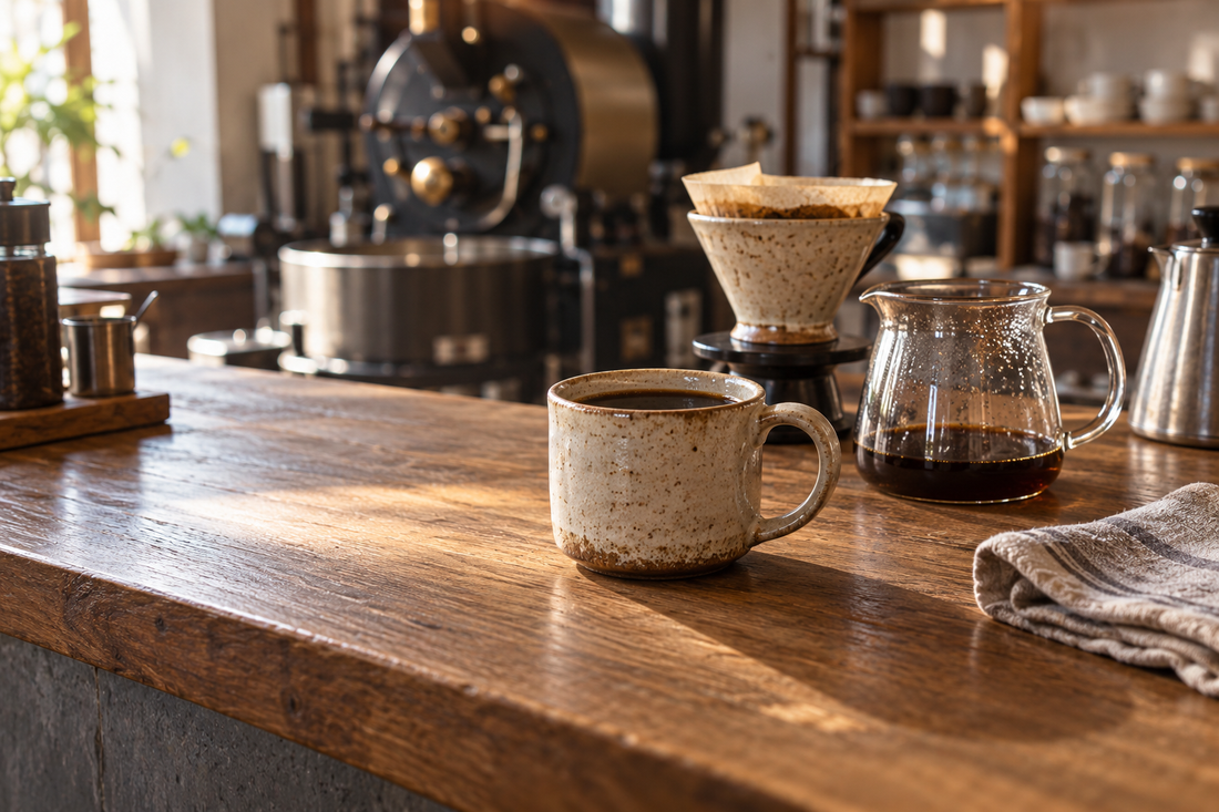 朝の自家焙煎店の木製カウンターに、黒いコーヒーの入った陶器のマグとドリッパーを置いた日常の一杯