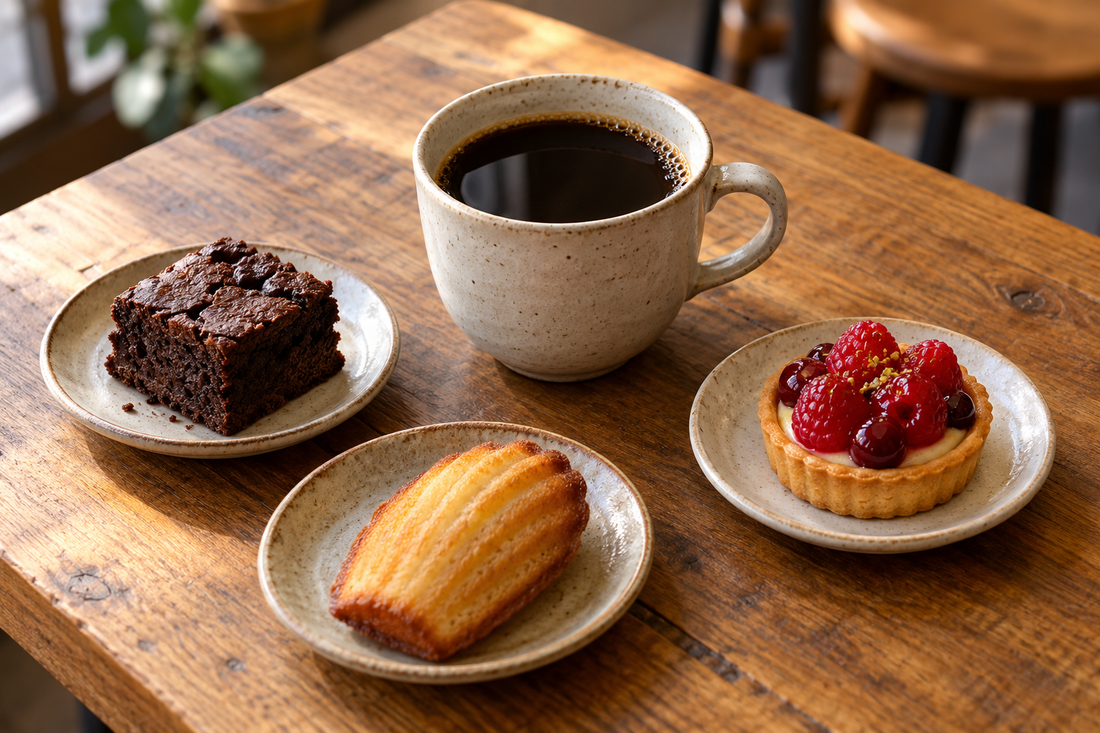 木のテーブルにコーヒーとチョコレート菓子、焼き菓子、果実のタルトを並べ、味の組み合わせを楽しむ様子