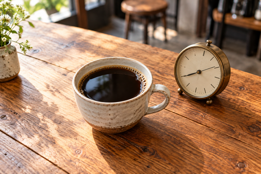 朝の光が差す木のテーブルに、黒いコーヒーのカップとアナログ時計を置き、カフェインと飲む時間を表現した様子