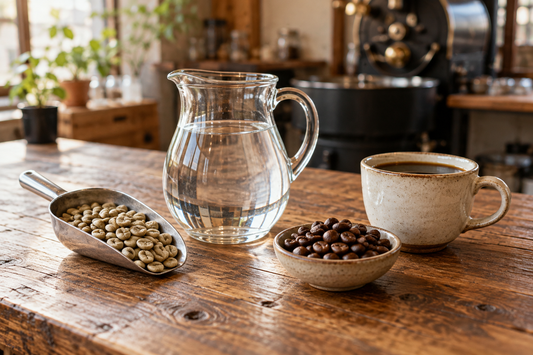木の作業台にコーヒー生豆、水差し、焙煎豆と一杯のコーヒーを並べ、デカフェができる流れを表現した様子