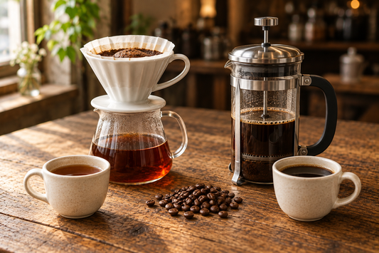 木のテーブルにペーパードリップとフレンチプレスを並べ、それぞれのコーヒーを二つのカップで飲み比べる様子
